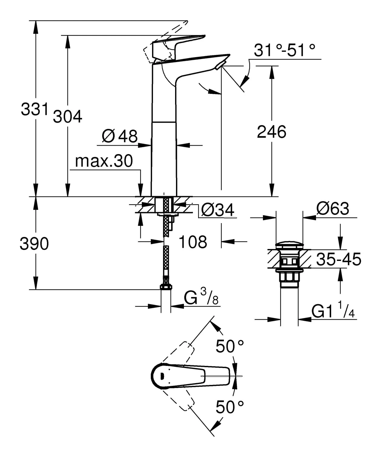 GROHE Start Edge Waschtischarmatur XL Mattschwarz 30 cm