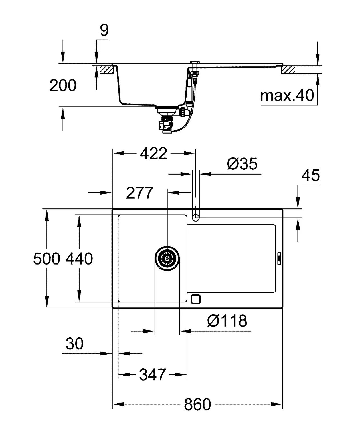 GROHE K500 Kompositspüle mit Abtropffläche Quartzkomposit